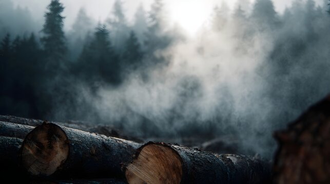 Misty forest scene with cut logs in the foreground and sunlit haze in the background