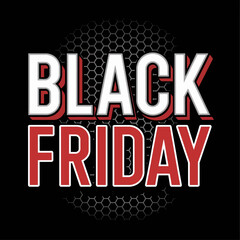 Graphic design of the text 'Black Friday' in the picture. The text is in a 3D style, with 'BLACK' in red letters in white and 'FRIDAY' in red letters, both set against a black hexagonal background.