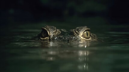 Obraz premium Submerged in murky water, the reptilian eyes of a large creature peer intently from the shadows, showcasing textured scales and golden irises, creating an image of stealth, danger, and a predatory...