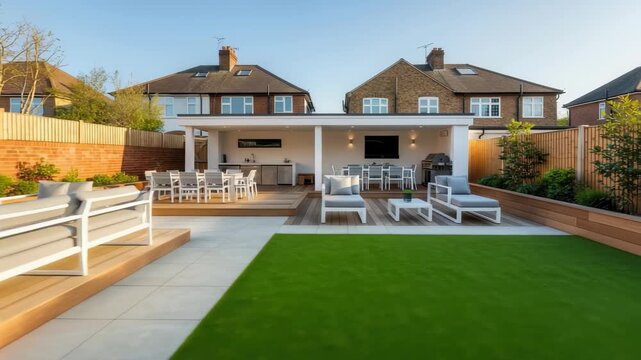 Modern backyard design with outdoor kitchen and seating area, 4k video footage