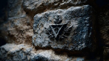 Ancient stone wall detail with carved triangular symbol and natural leaf motifs
