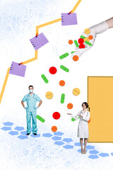 Vertical poster collage young doctors medicine workers profession occupation prescribe pills dose treatment hospital clinic consultation