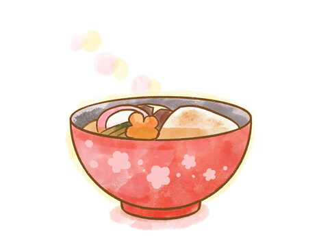  Japanese Zoni Soup Watercolor Illustration &mdash; Traditional New Year Food / 水彩お雑煮イラスト 正月料理 年賀状デザイン