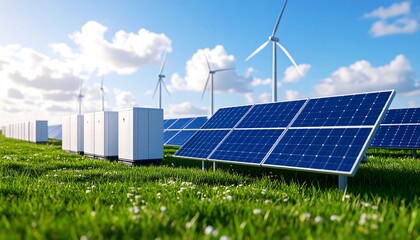 Renewable Energy Solar Panels  Wind Turbines Generating Clean Power.