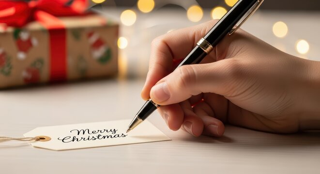 Hand writing festive Christmas message on gift tag