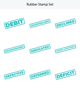 Rubber Stamp Set with Teal Border, Various Words, Debit Declined Deficit, Isolated