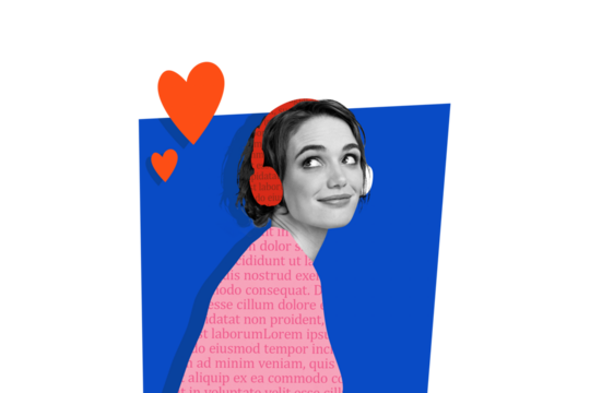 Composite trend artwork 3D sketch image collage of copyspace monochrome young woman portrait cute nice headphones listen music heart love