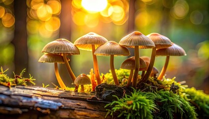 Fototapeta premium Close Up of Group of Wild Mushrooms on Mossy Log at Golden Hour