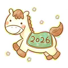Cute 2026 Horse Watercolor Illustration / 2026年の干支うまのかわいい水彩キャラクターイラスト