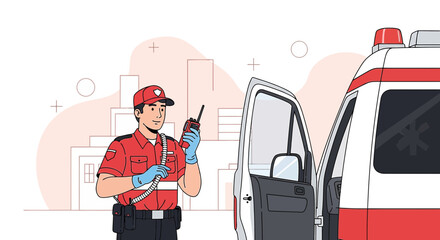 Paramedic dispatching assistance near ambulance in a modern urban setting illustration