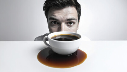 A man stares intently across a white coffee cup across the table at the spill that has stained the clean surface.