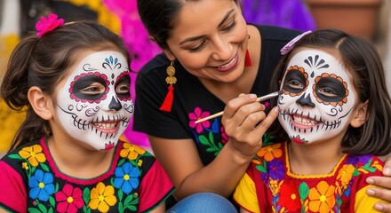 Families celebrate Dia de los Muertos in Mexico as a woman paints colorful skull designs on two joyful girls in festive outfits, honoring culture and remembrance together