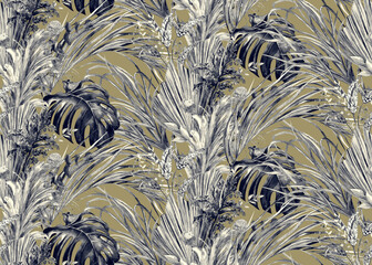 Seamless botanical pattern with black and white Jungle with watercolor leaves for textile