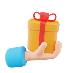Three Dimensional Render of Yellow Gift Box with Red Ribbon Held in Light Blue Hand Floating in Transparent Background For Mockup Use