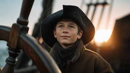 A young boy in a sailor's hat, confidently steering the ship, filled with dreams and anticipation.
