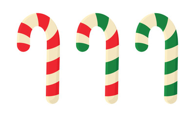 Candy cane vector flat icon design. Traditional Christmas striped candy with red, green, and white colors. Sweet holiday decoration. Vector illustration isolated on white background.