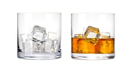 Whiskey glass with ice cubes transparent background