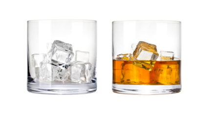 Whiskey glass with ice cubes transparent background