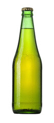 Green beer bottle with condensation, isolated, transparent background