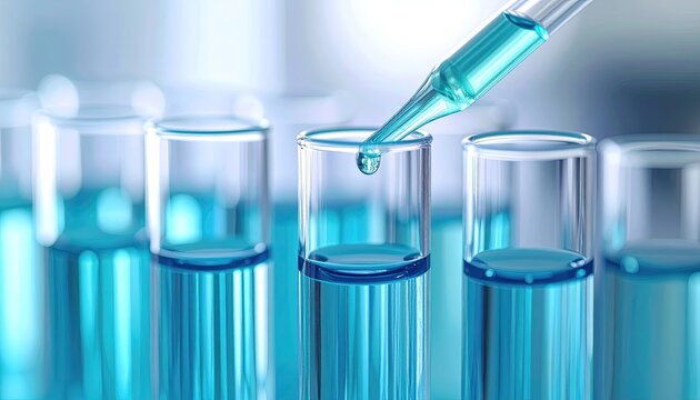 Close Up of Liquid Being Dropped into Test Tubes in a Science Laboratory Setting with Blue Hue Lighting