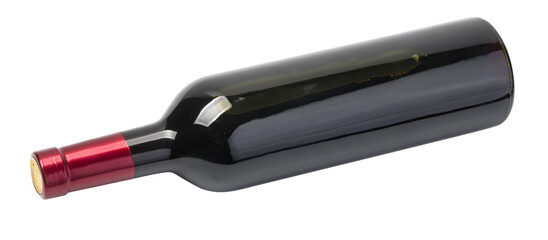 Red wine bottle laying down on transparent background