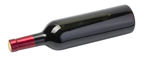 Red wine bottle laying down on transparent background