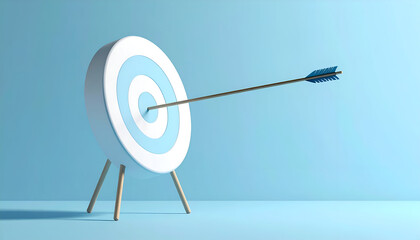Dartboard and Arrow in Bullseye Accuracy and Precision in Soft Blue Studio Lighting with Minimalist Composition