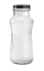 Empty clear glass bottle with black cap