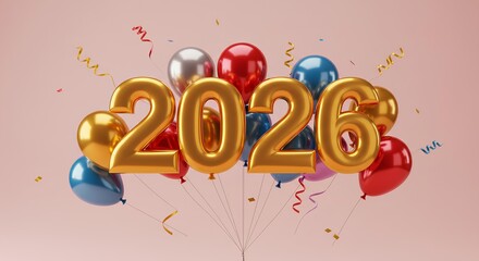 2026 balloons on simple background for New Year celebration designs. New Year 2026 balloons on minimal background for party decorations. Metallic 2026 balloons on simple backdrop for holiday cards