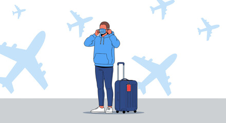 Traveler Wearing Face Mask at Airport Preparing for Safe Air Travel Journey