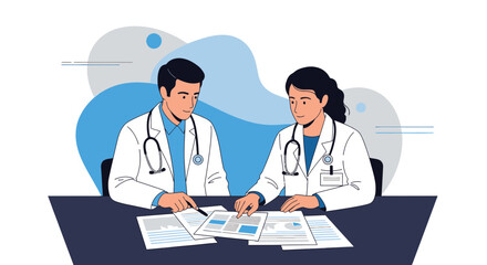 Two doctors collaborating on patient data analysis in a clinical setting illustration