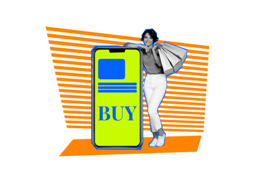 Photo collage picture young woman estore buyer consumerism touchscreen digital device smartphone packages bags drawing background - Powered by Adobe