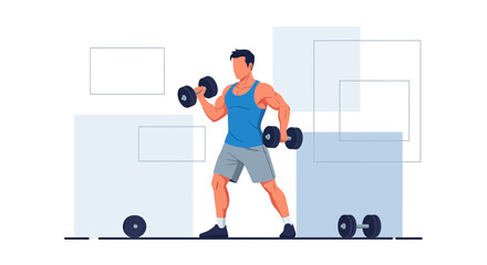 Vector illustration featuring a muscular man lifting dumbbells with geometric shapes background