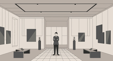 Vector illustration of a confident businessman in an art gallery ready for investment or