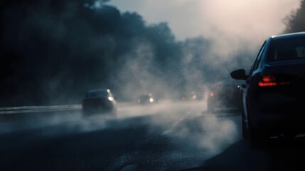 Obraz premium A dark car drives on a misty highway with other vehicles in a hazy atmosphere