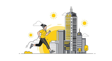 Woman enjoys a morning run in the city listening to music with cityscape view illustration