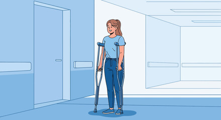 Woman recovering walking with crutches in hospital corridor for injury rehab illustration