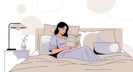 Woman Reading a Book in Bed Illustration Showing Relaxation and Comfortable Lifestyle