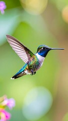 Fototapeta premium Vibrant hummingbird in flight, soft-focus bokeh background