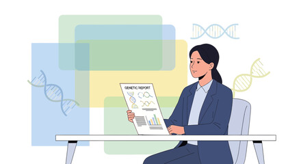 Woman reviewing a genetic report at her desk with DNA strands in background representing
