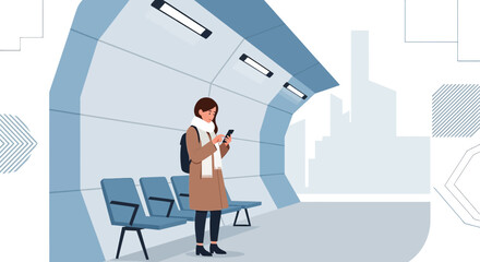 Woman using smartphone at modern bus station with city silhouette background