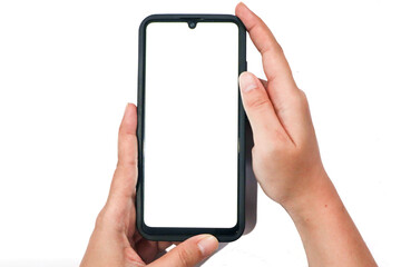 Woman hand holding a mobile phone white screen isolated on white background with clipping path