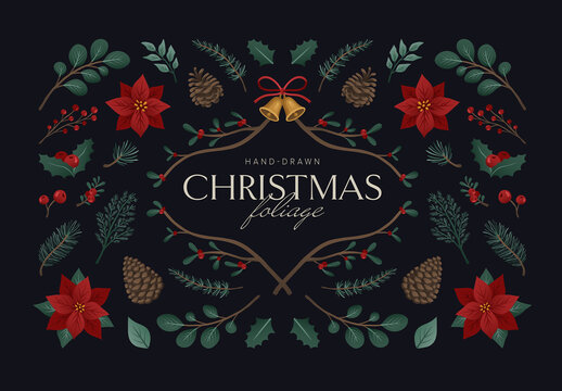 Ornate & Rustic Christmas Foliage Graphics & Vector Clipart for Festive Border, Background & Frames