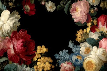 Charming floral border featuring blooming roses, peonies, tulips and violets on black background