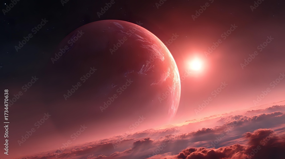 Wall mural exoplanet orbiting red dwarf with glowing light patterns and realistic sky detail