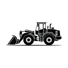 Black silhouette of a front-end loader construction vehicle on white background Keywords
