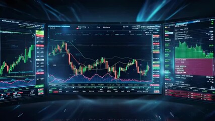 Three curved monitors show stock market graphs with data, futuristic and digital - Powered by Adobe