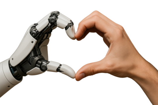 White Robotic Hand and Human Hand Forming a Heart Shape Against Black Background graphic design isolated on a transparent background