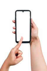 Woman's hand holding a cell phone, one hand showing on a white background.