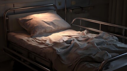 Hospital bed detail: bed rails, folded sheets, pillow textures, ambient side light